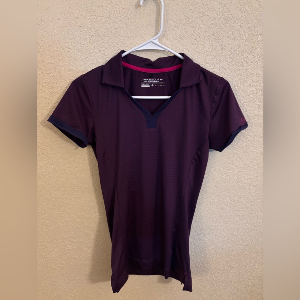 Nike Women's Dark Purple & Navy Striped Short Sleeve V-Neck Polo, Sz XS